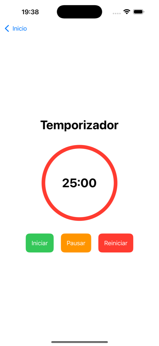 Pantalla del temporizador de Pomodoro